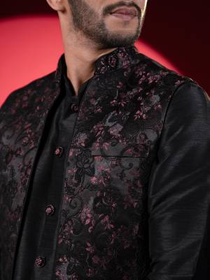 Wine black embroidered long jacket kurta set 5