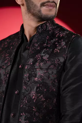 Wine black embroidered long jacket kurta set