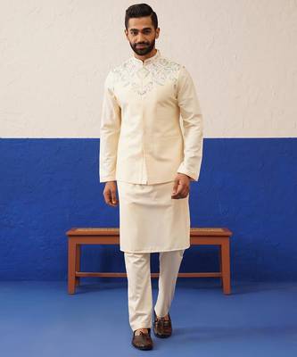 Cream embroidered jacket kurta set 1