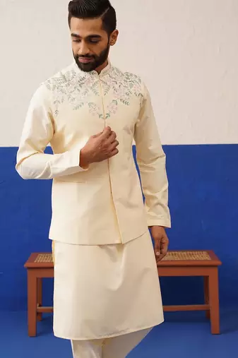 Cream embroidered jacket kurta set