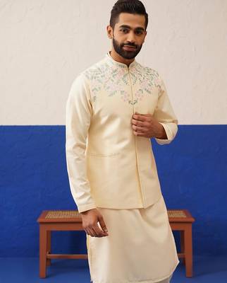 Cream embroidered jacket kurta set 4