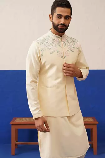 Cream embroidered jacket kurta set