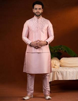 Pink embroidered jacket kurta set 1