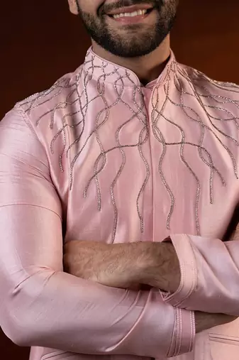 Pink embroidered jacket kurta set