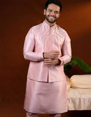 Pink embroidered jacket kurta set 3