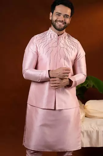 Pink embroidered jacket kurta set