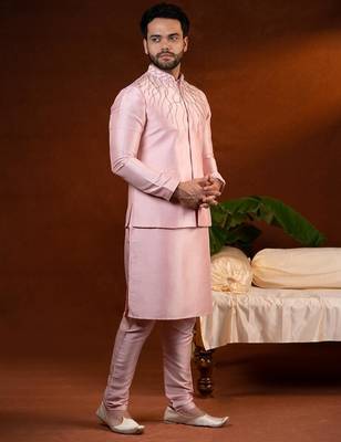 Pink embroidered jacket kurta set 4