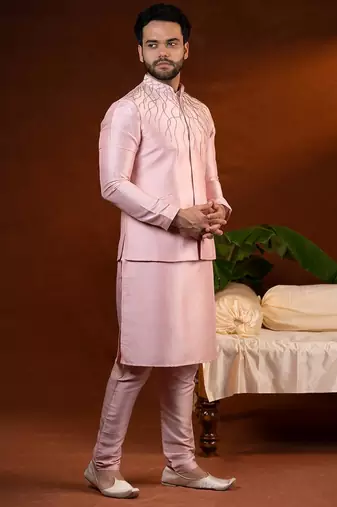 Pink embroidered jacket kurta set