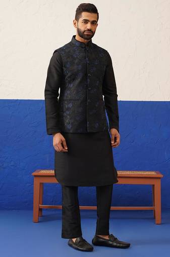 Black embroidered jacket with black kurta set