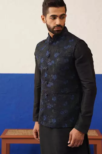 Black embroidered jacket with black kurta set