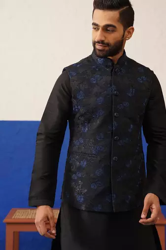 Black embroidered jacket with black kurta set