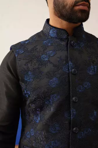 Black embroidered jacket with black kurta set