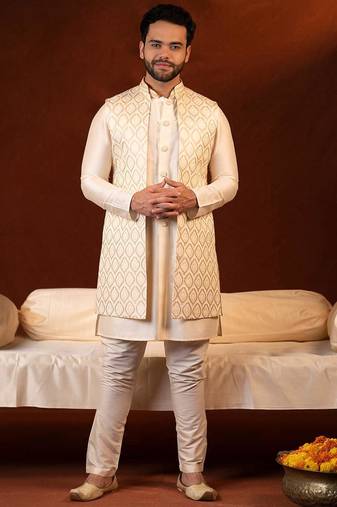 Cream embroidered long jacket kurta set