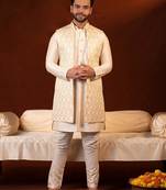 Cream embroidered long jacket kurta set