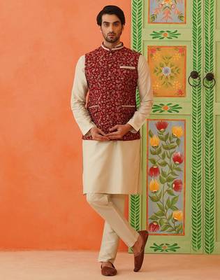 Maroon printed modi jacket with kurta set 1