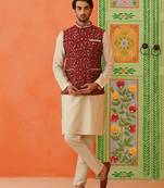 Maroon printed modi jacket with kurta set