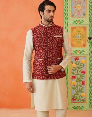 Maroon printed modi jacket with kurta set 2