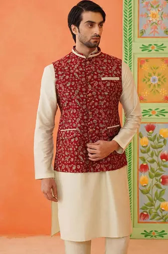 Maroon printed modi jacket with kurta set