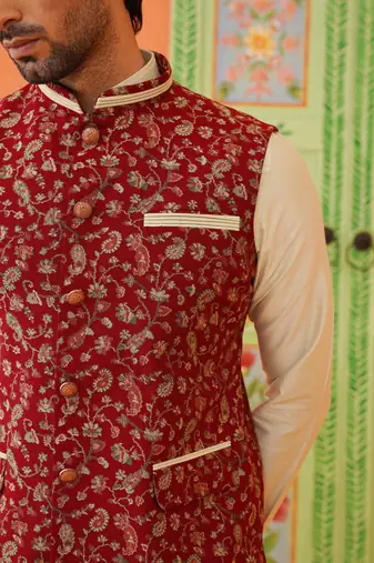 Maroon printed modi jacket with kurta set