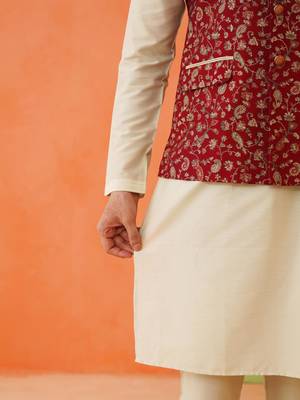 Maroon printed modi jacket with kurta set 5