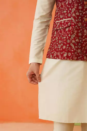 Maroon printed modi jacket with kurta set