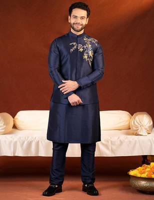 Blue embroidered jacket kurta set 1