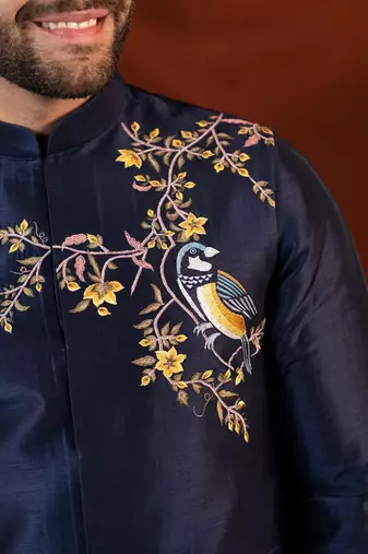 Blue embroidered jacket kurta set