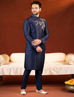 Blue embroidered jacket kurta set 3