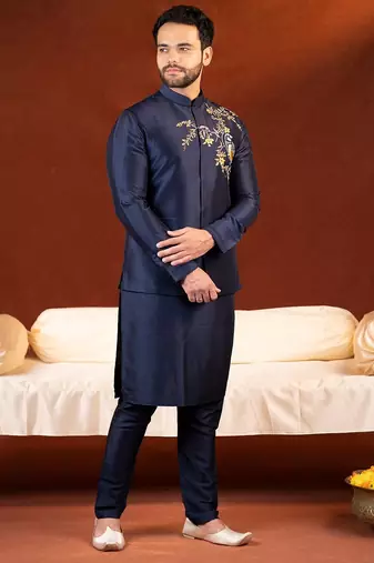 Blue embroidered jacket kurta set
