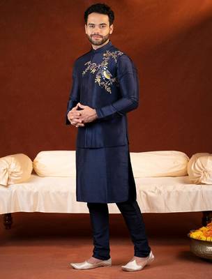 Blue embroidered jacket kurta set 4