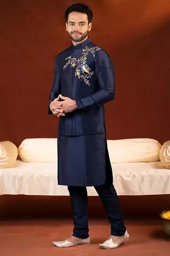 Blue embroidered jacket kurta set