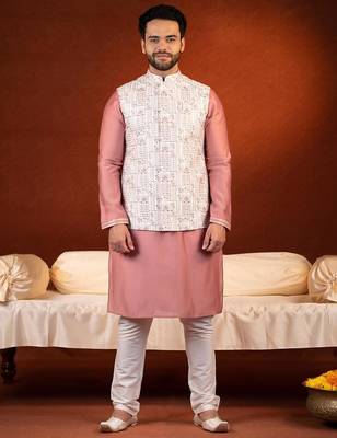Cream with onion colour resham embroidered jacket & kurta set 1
