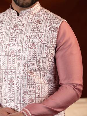 Cream with onion colour resham embroidered jacket & kurta set 2