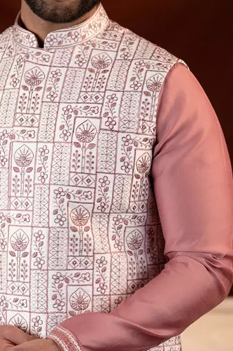 Cream with onion colour resham embroidered jacket & kurta set