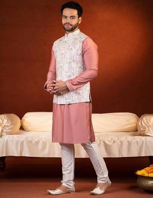 Cream with onion colour resham embroidered jacket & kurta set 3