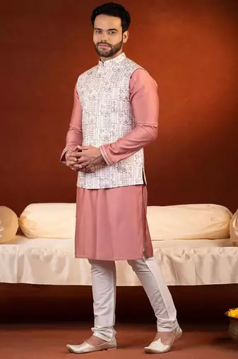 Cream with onion colour resham embroidered jacket & kurta set