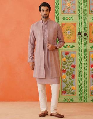 Onion pink embroidery long bundi kurta set 1