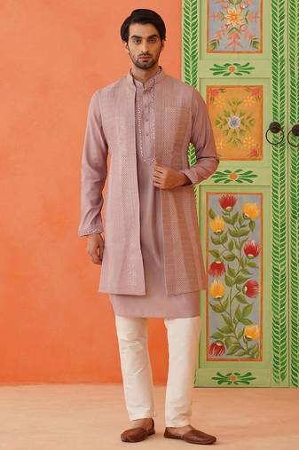 Onion pink embroidery long bundi kurta set