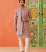Onion pink embroidery long bundi kurta set