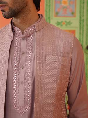 Onion pink embroidery long bundi kurta set 2