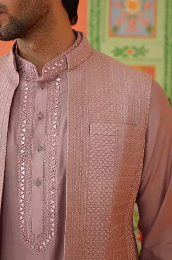 Onion pink embroidery long bundi kurta set