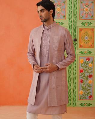 Onion pink embroidery long bundi kurta set 3