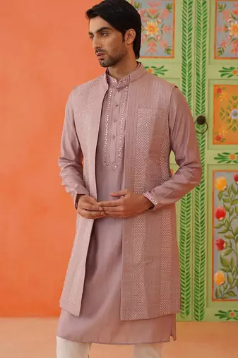 Onion pink embroidery long bundi kurta set