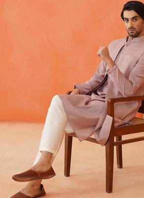 Onion pink embroidery long bundi kurta set 4