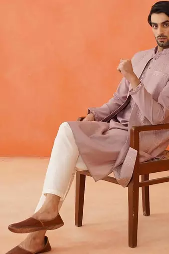 Onion pink embroidery long bundi kurta set