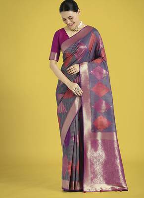 Multi colour banarasi satin silk blend zari weaving saree 1