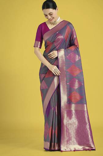 Multi colour banarasi satin silk zari weaving classic saree