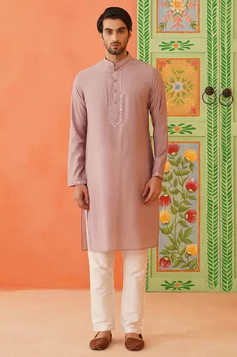 Onion pink embroidery long bundi kurta set
