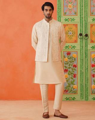 Cream chain stitch embroidery kurta jacket set 1