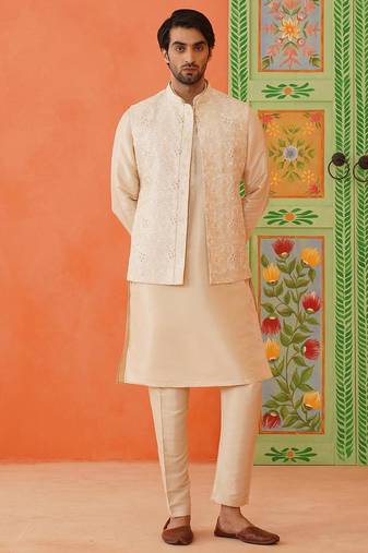 Cream chain stitch embroidery kurta jacket set